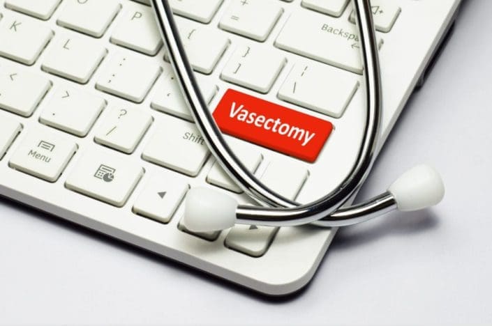 A conceptual photo that shows the word “vasectomy” as one of the keys on a computer keyboard, with a stethoscope lying on the keyboard
