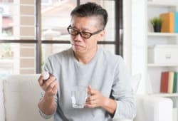 Middle-aged man reads a medicine bottle label. Methotrexate is a strong medicine that is used to treat some types of cancer, rheumatoid arthritis, psoriasis, and several other conditions.