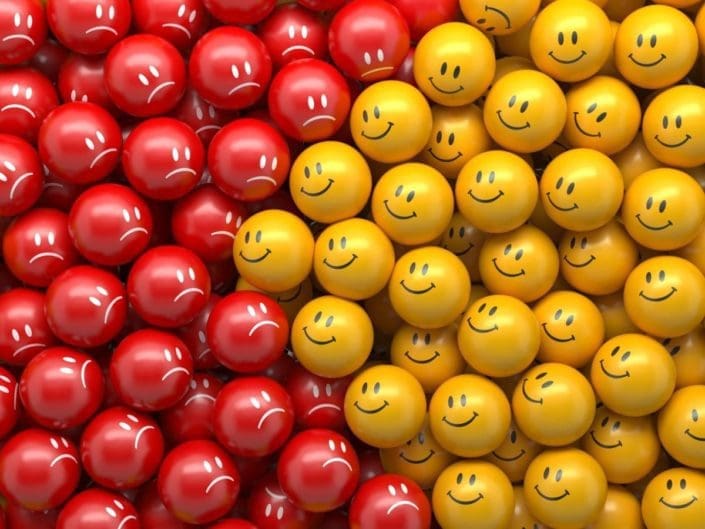 Left side showing red balls with frowning faces, right side showing yellow balls with smiley faces