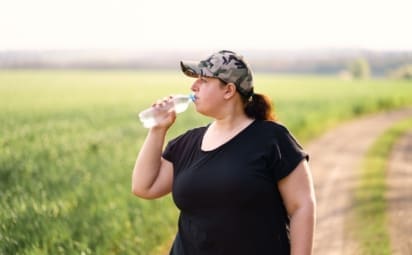 Young woman with metabolic syndrome drinks water after jogging outdoors.