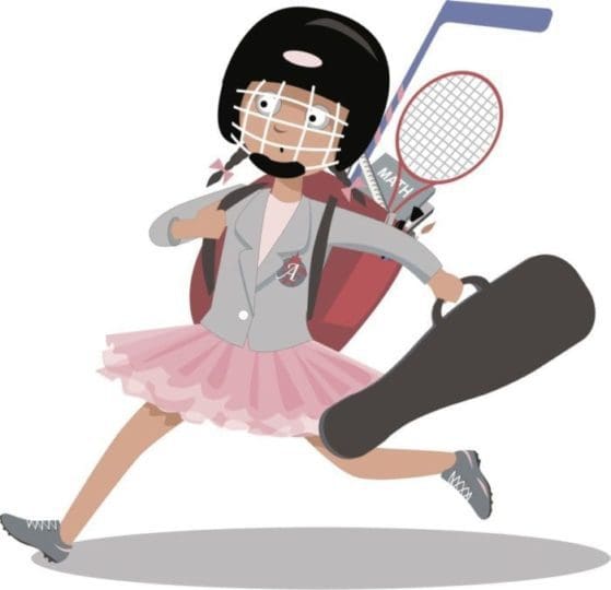 Drawing of girl running to her next event, carrying a music case, tennis racquet, lacrosse stick, and homework books