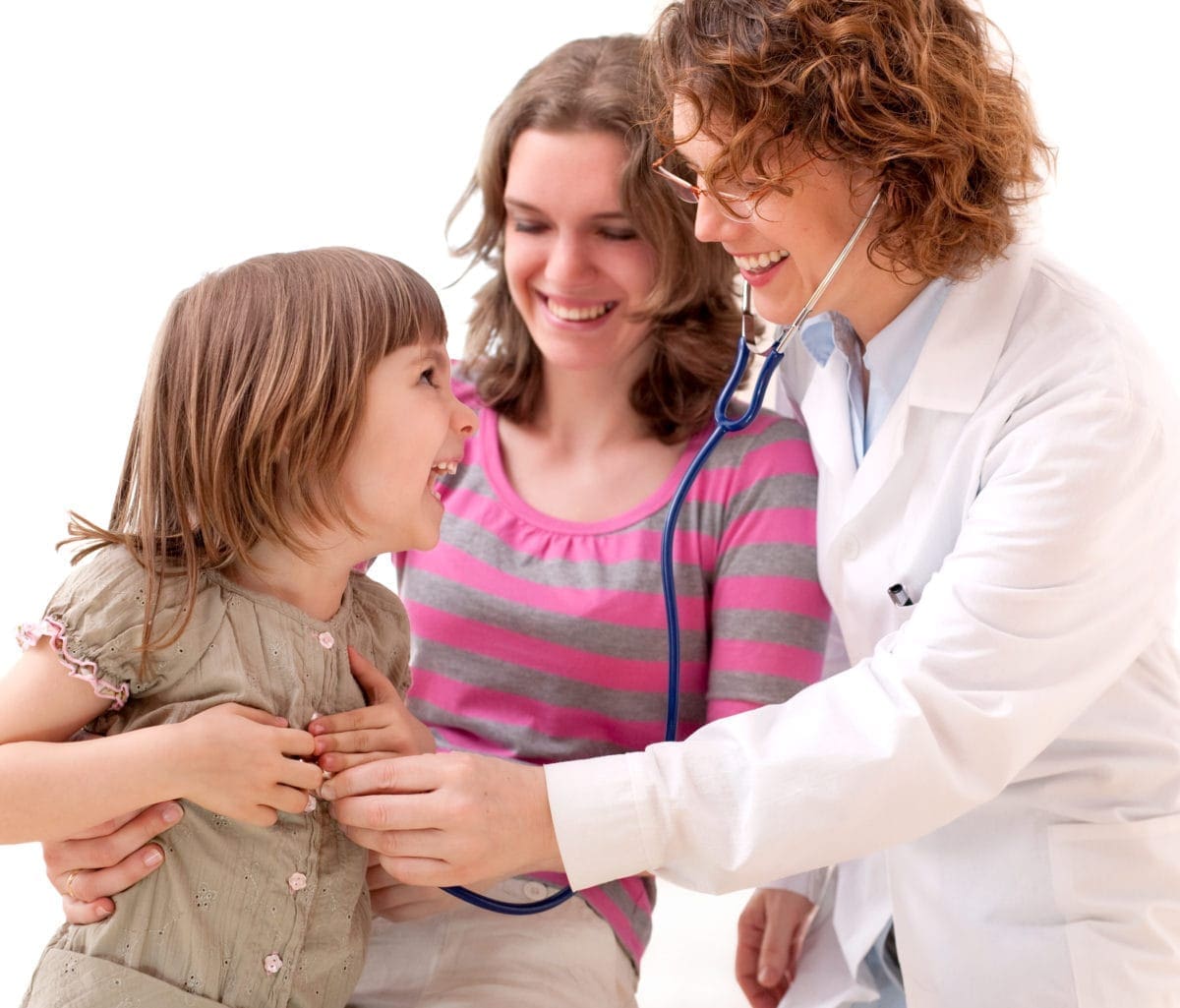 Doctor and mom smiling at child