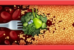illustration of a cholesterol-blocked artery being cleared out with a forkful of green vegetables
