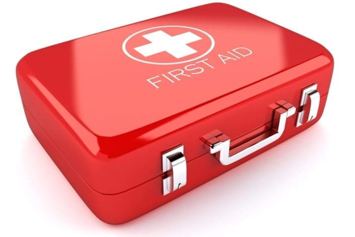 3d image of red first aid box against white background