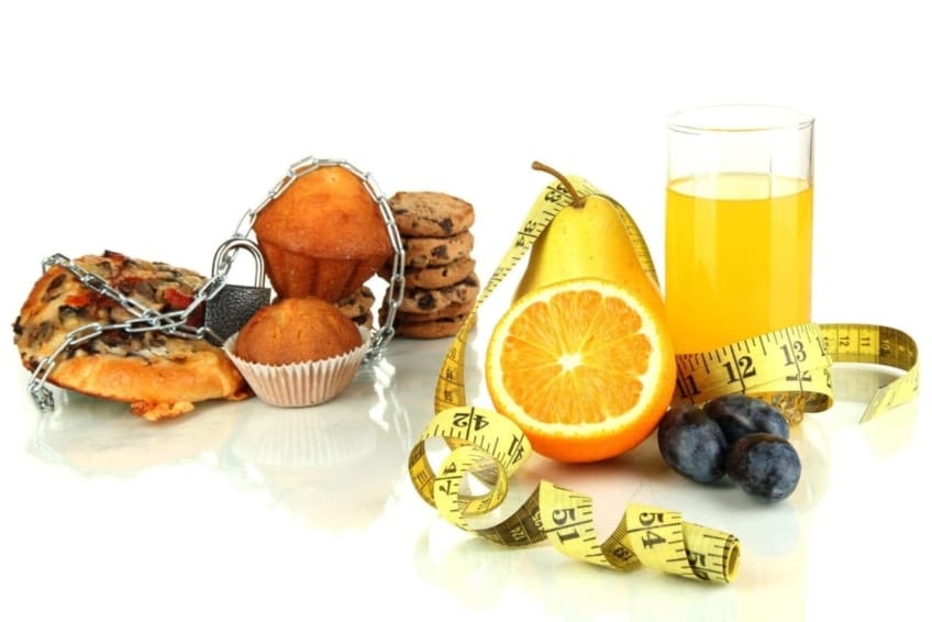 group of unhealthy foods next to group of healthy foods