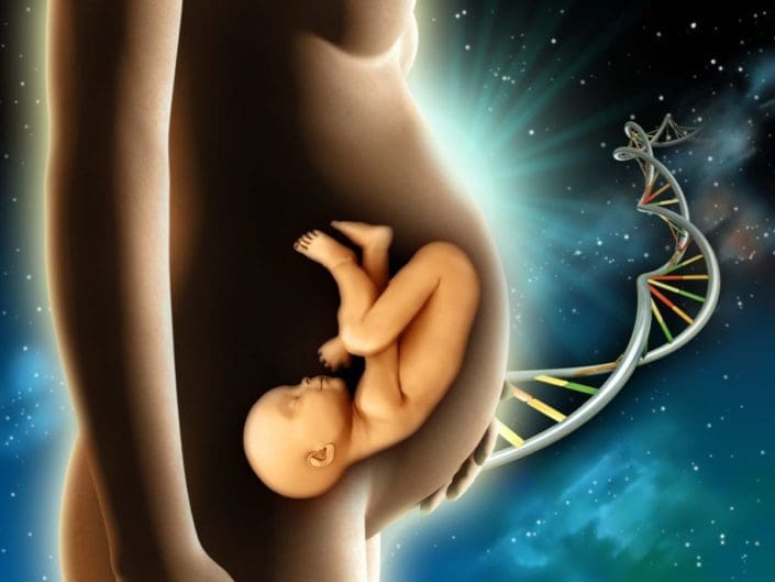 illustration of unborn baby in the womb with DNA strand in the background