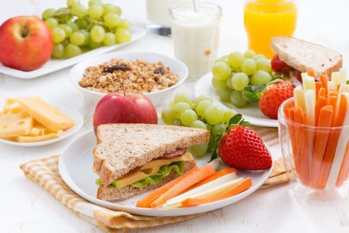healthy meal with fruits and vegetables, close-up
