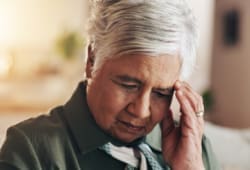 A woman holds her hand to her forehead as if she is struggling to recall something.