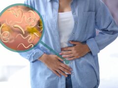 Parasites under microscope and woman suffering from helminthiasis, closeup
