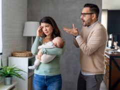 Family violence. Aggressive nervous man arguing with his wife who has postpartum depression